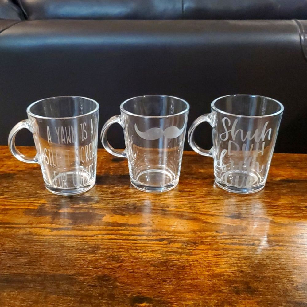 Hand Etched Glass Mug - Multiple Designs Available